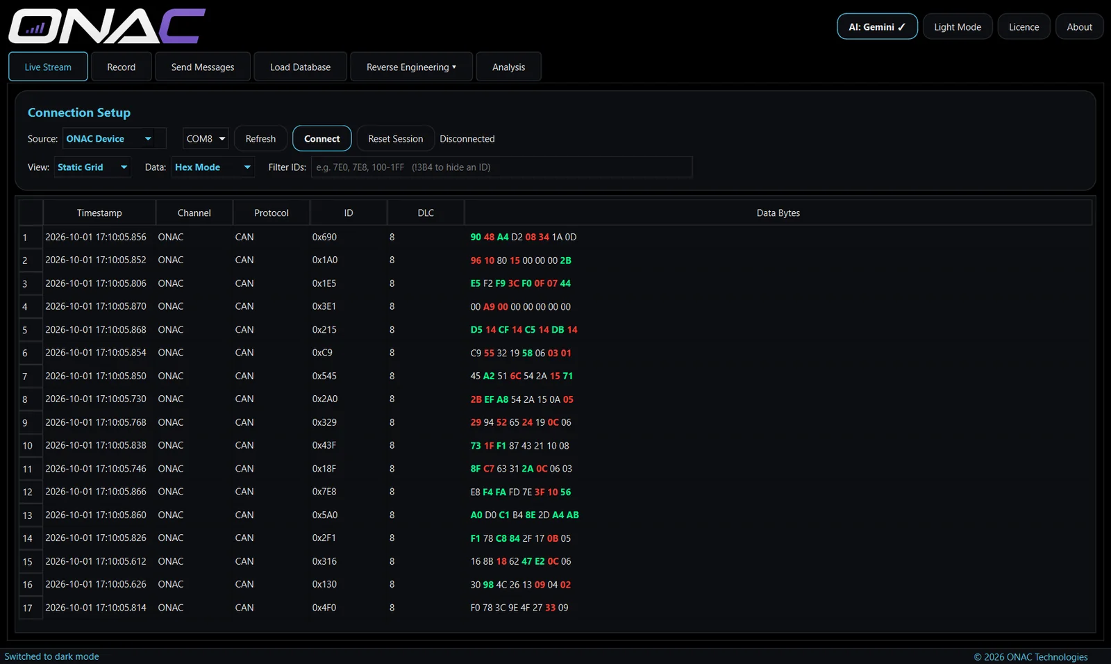 ONAC Network Studio Live Stream tab showing CAN frames in a static grid, one row per message ID with changing bytes highlighted