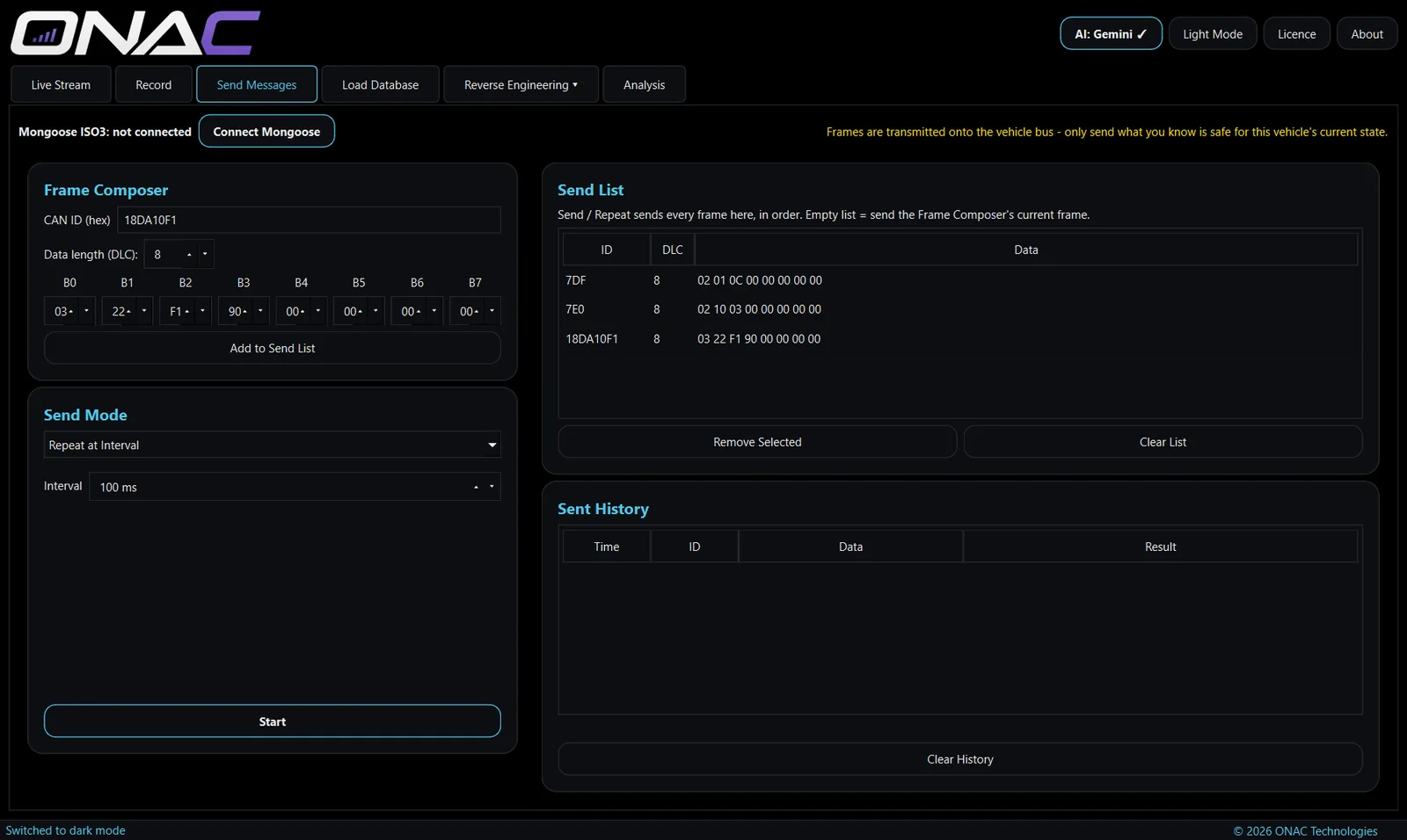 Send Messages tab with a send list